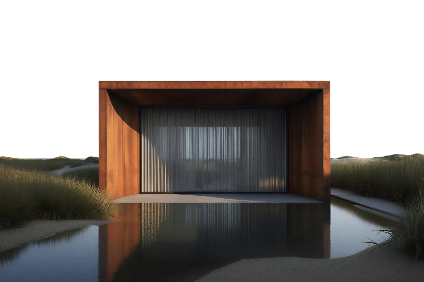 Casa iluminada de noche reflejada en el agua