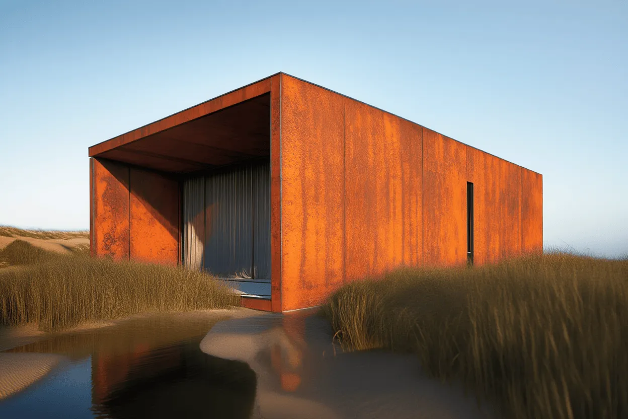 Casa de acero corten sobre las dunas al atardecer